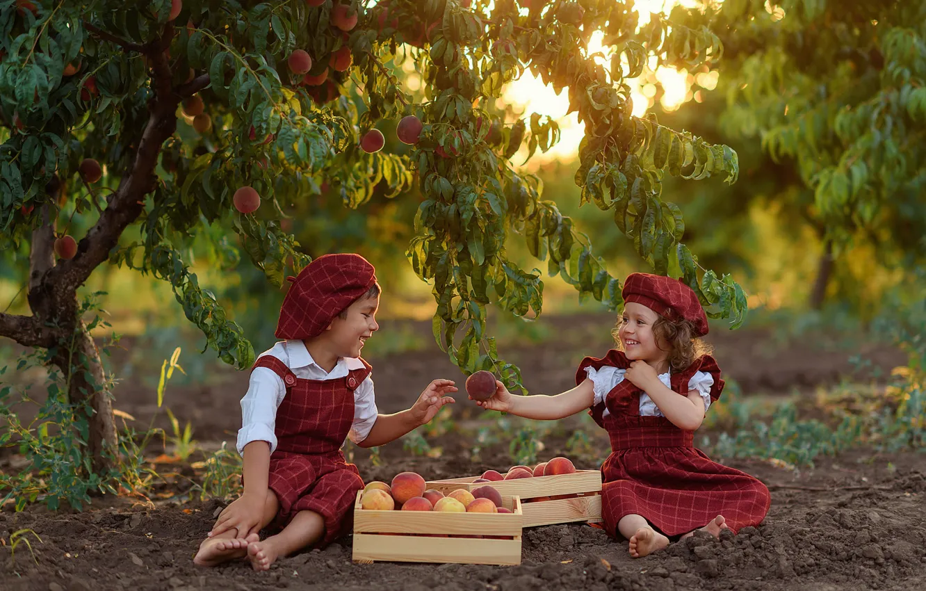 Фото обои природа, дети, дерево, игра, мальчик, сад, девочка, ящики