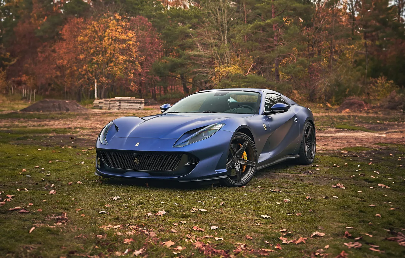 Фото обои лес, трава, листья, деревья, синий, Ferrari, blue, на природе