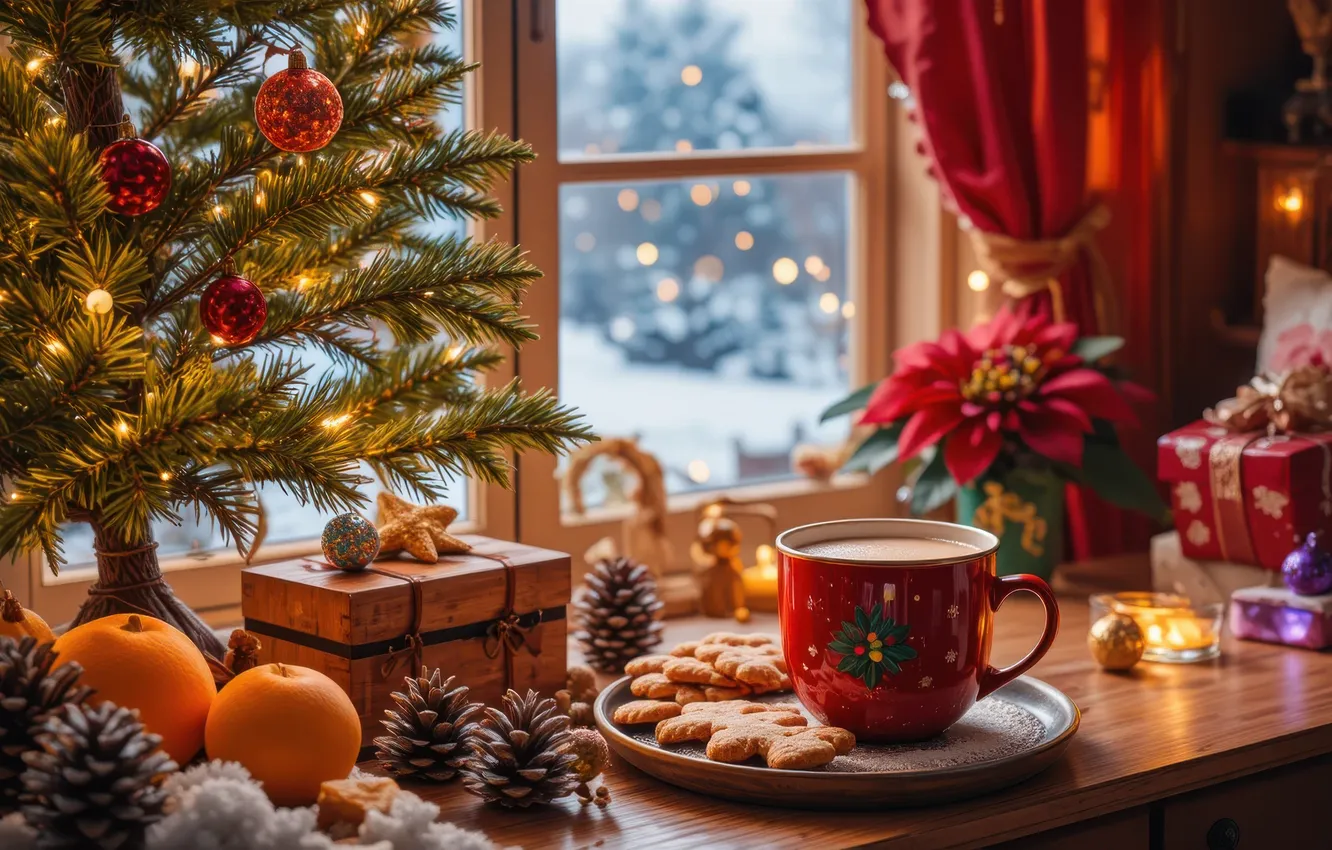 Фото обои зима, шарики, снег, ветки, огни, стол, новый год, окно