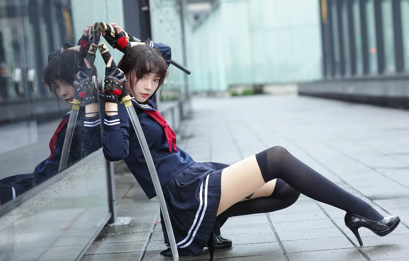 Фото обои girl, sword, Model, school uniform, weapon, photo, stockings, katana