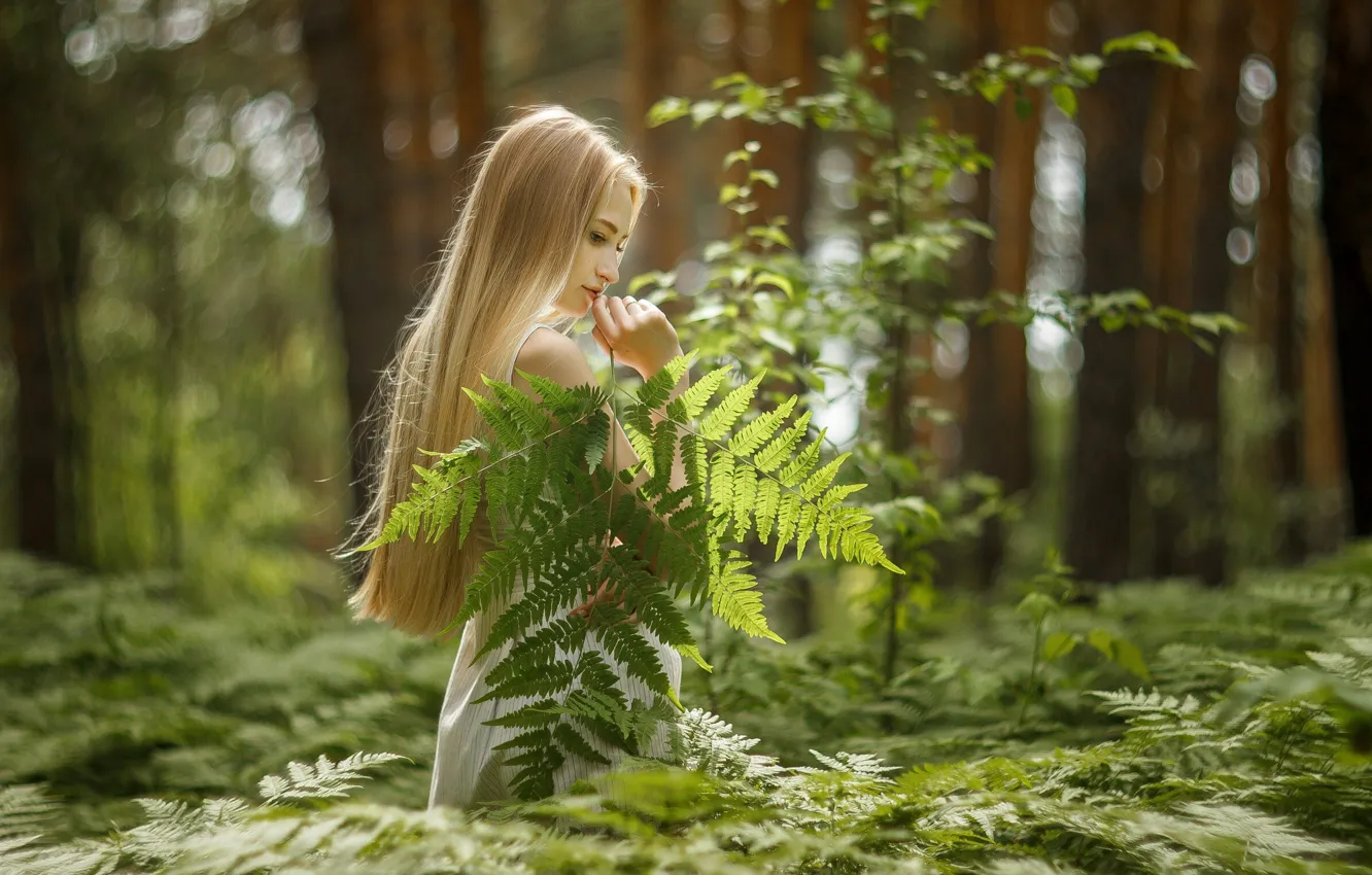 Фото обои girl, forest, trees, nature, model, women, blonde, plants