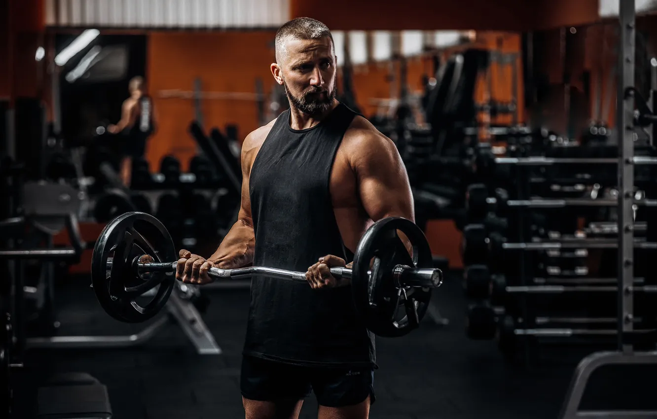 Фото обои поза, фигура, muscle, мышцы, штанга, атлет, бицепс, gym