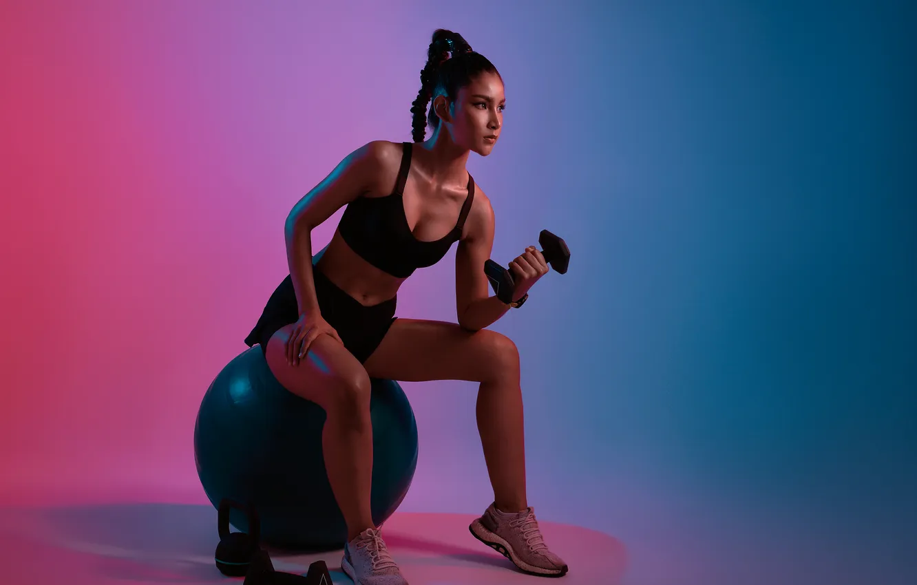 Фото обои girl, sports, fitness, gym, exercises, dumbbells