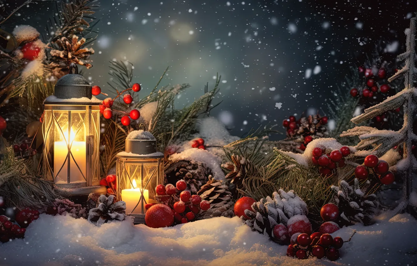 Фото обои зима, снег, украшения, ягоды, Новый Год, Рождество, фонарь, light