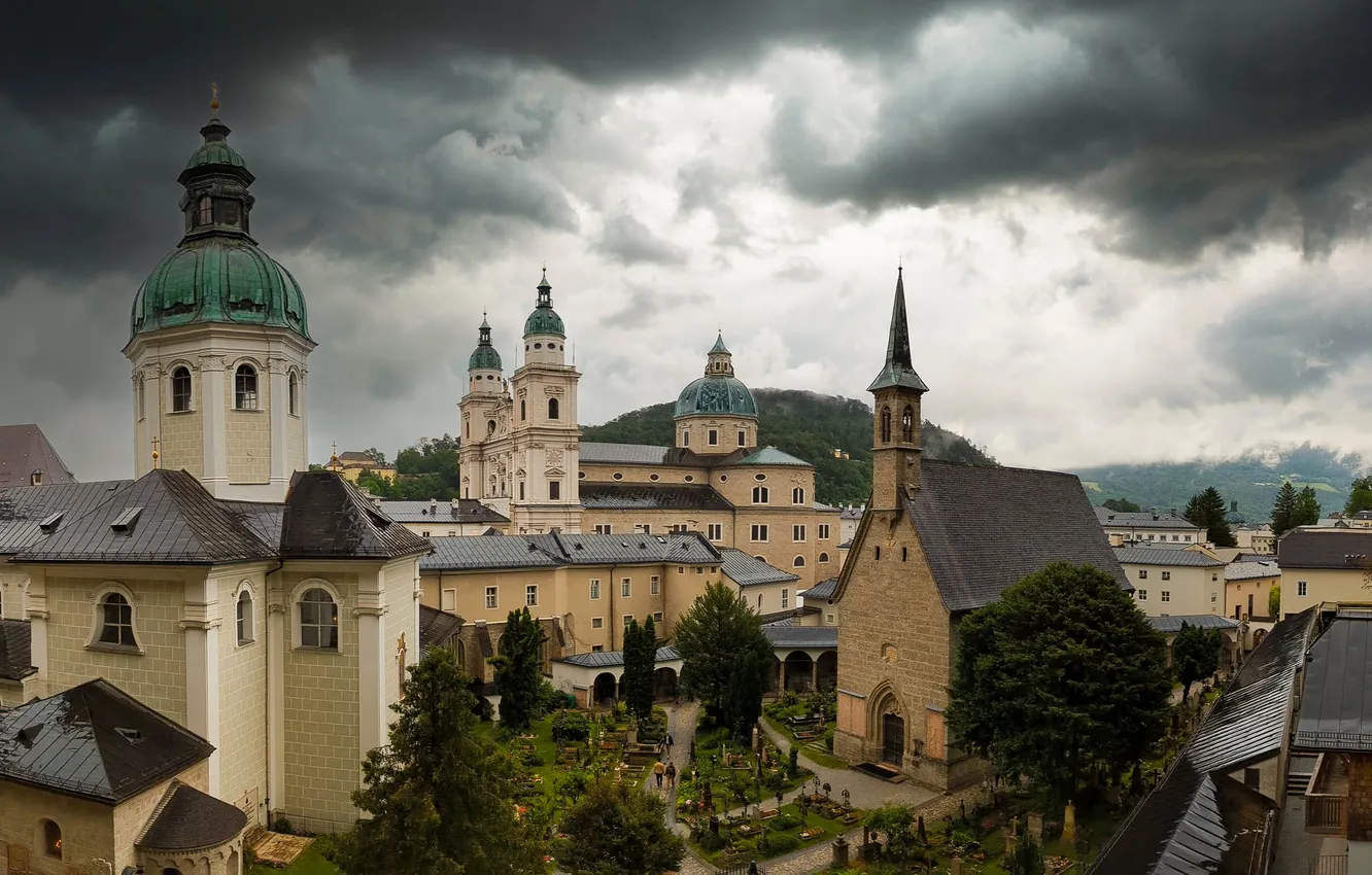Фото обои горы, здания, Австрия, церковь