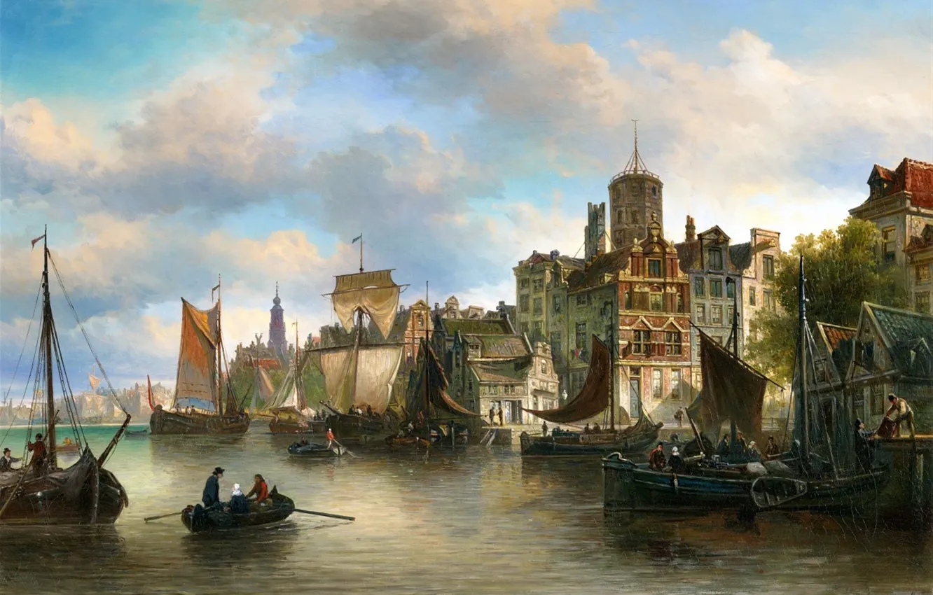 Фото обои Вода, Дома, Люди, Лодки, Картина, Корабли, Голландский художник, Elias Pieter van Bommel