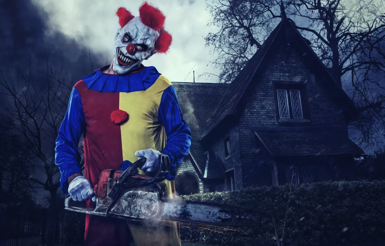 Фото обои дом, клоун, маска, хэллоуин, halloween, бензопила, clown, Halloween Killerclown