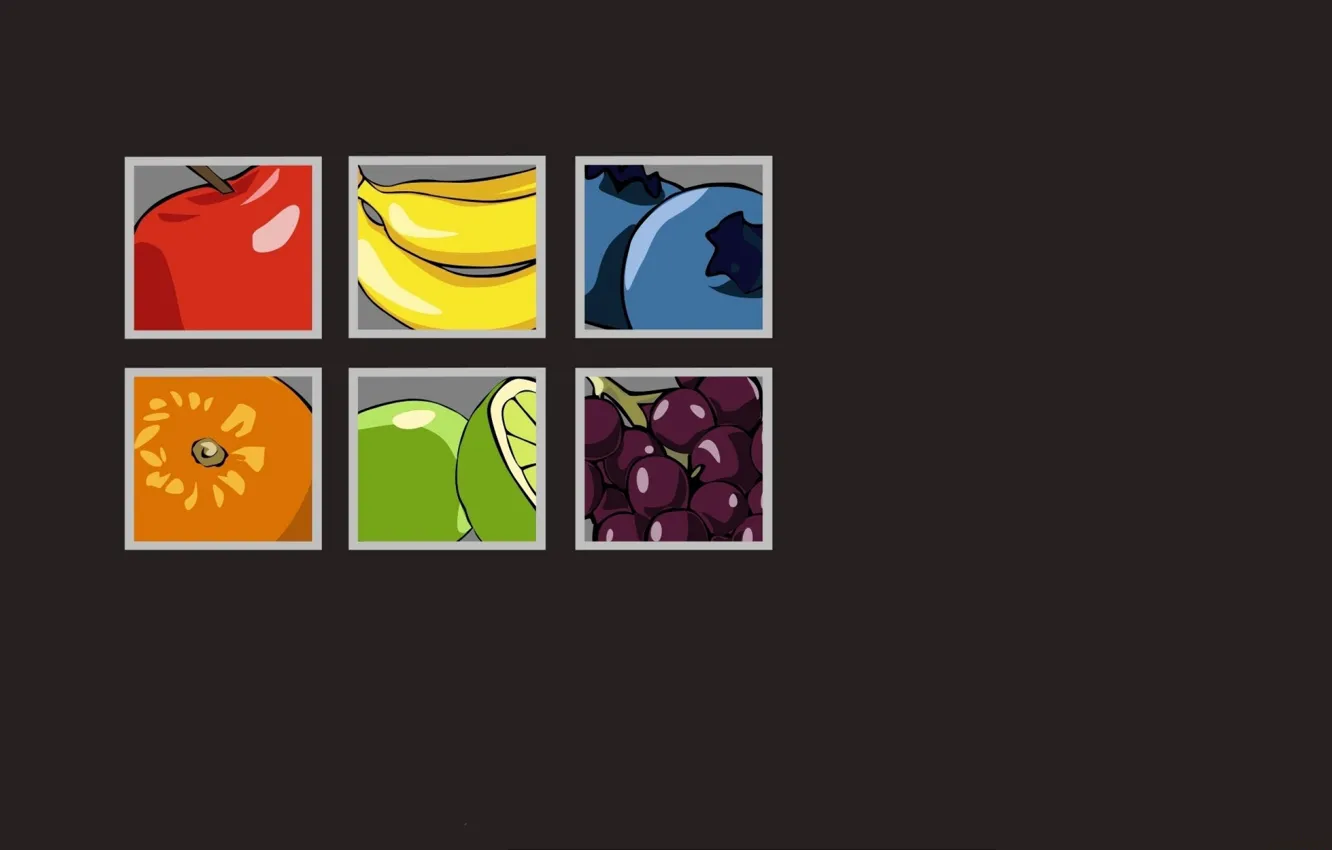 Фото обои яблоко, апельсин, квадраты, виноград, бананы, фрукты, грейпфрут, голубика