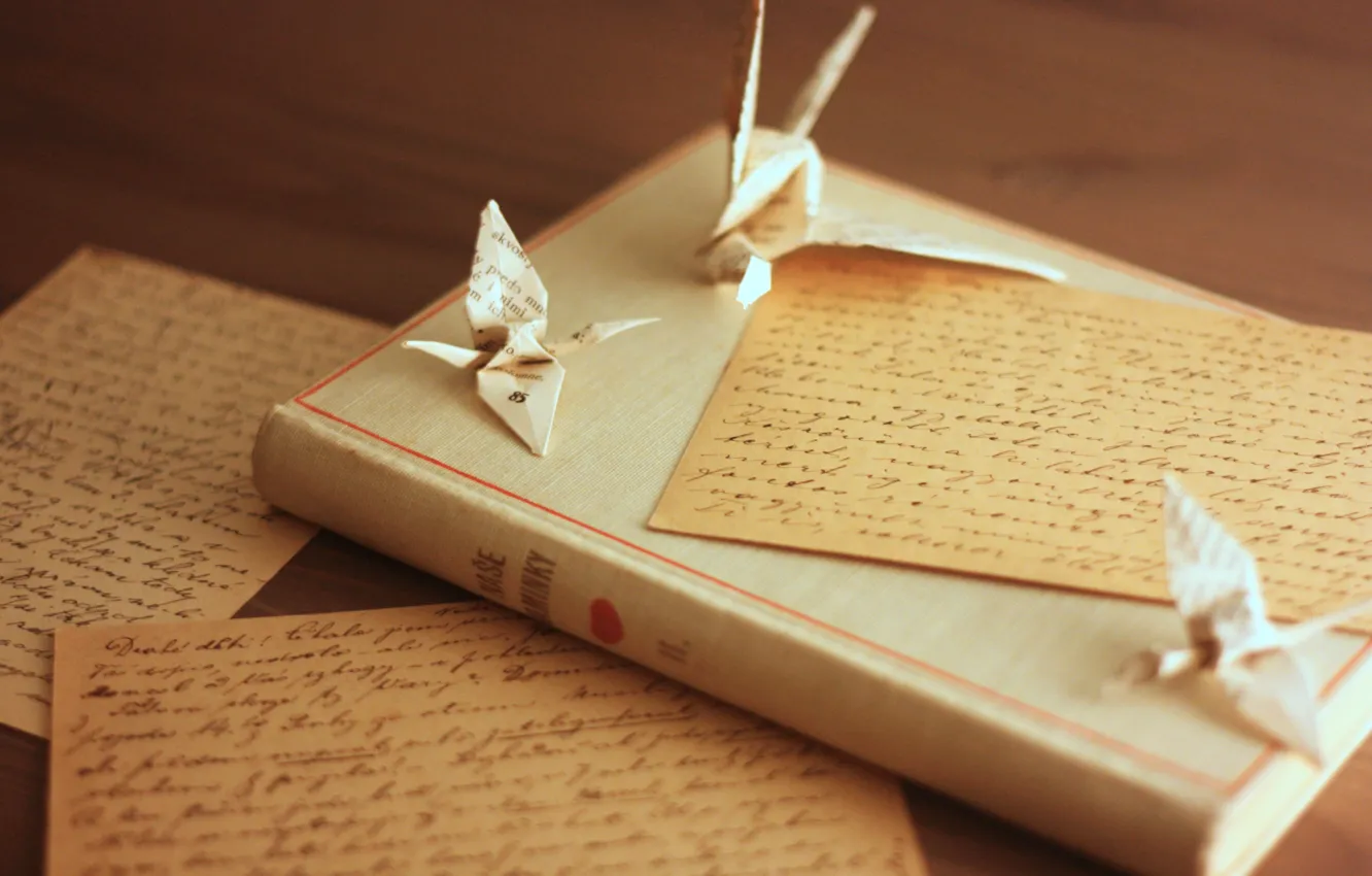 Фото обои письмо, книга, птички, оригами, журавли