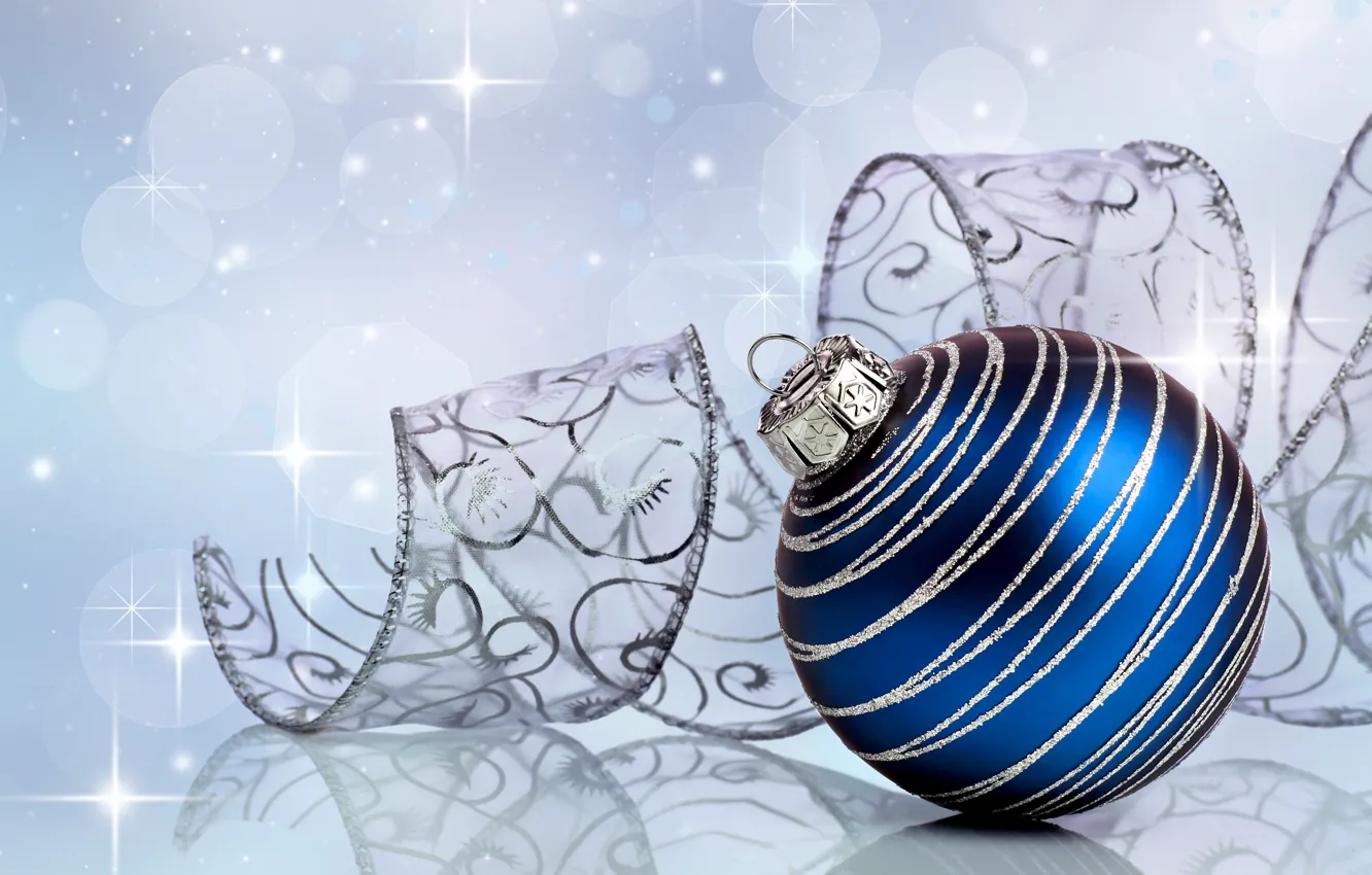 Фото обои украшения, синий, узоры, игрушка, шар, Новый Год, Рождество, лента
