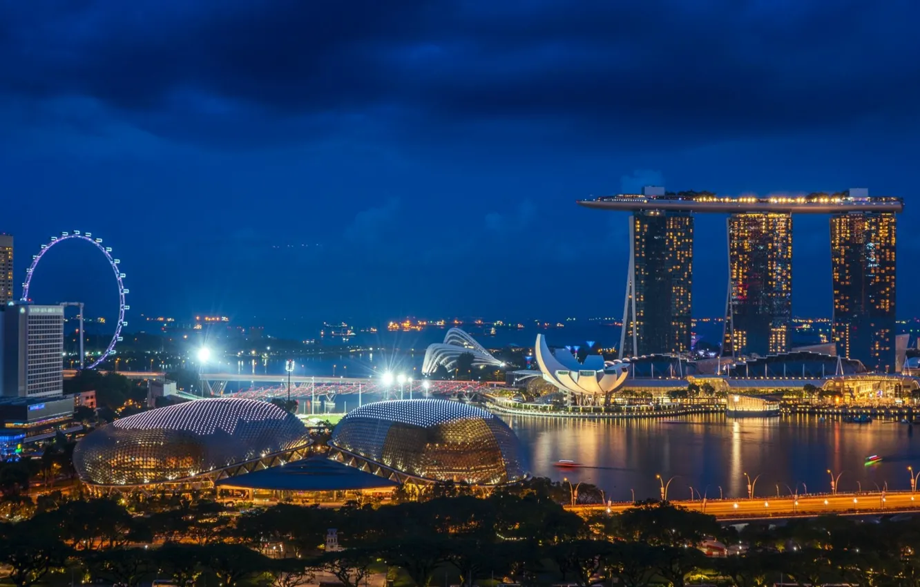 Фото обои ночь, город, Сингапур, колесо обозрения, Singapore, Singapore city