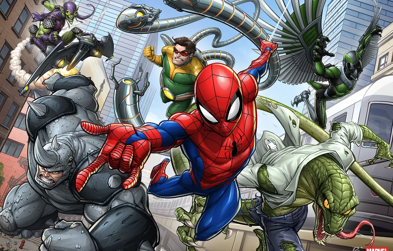 Фото обои art, Spider-man, marvel comics, Doctor Octopus, Patrick Brown, PatrickBrown, Green Goblin, Rhino