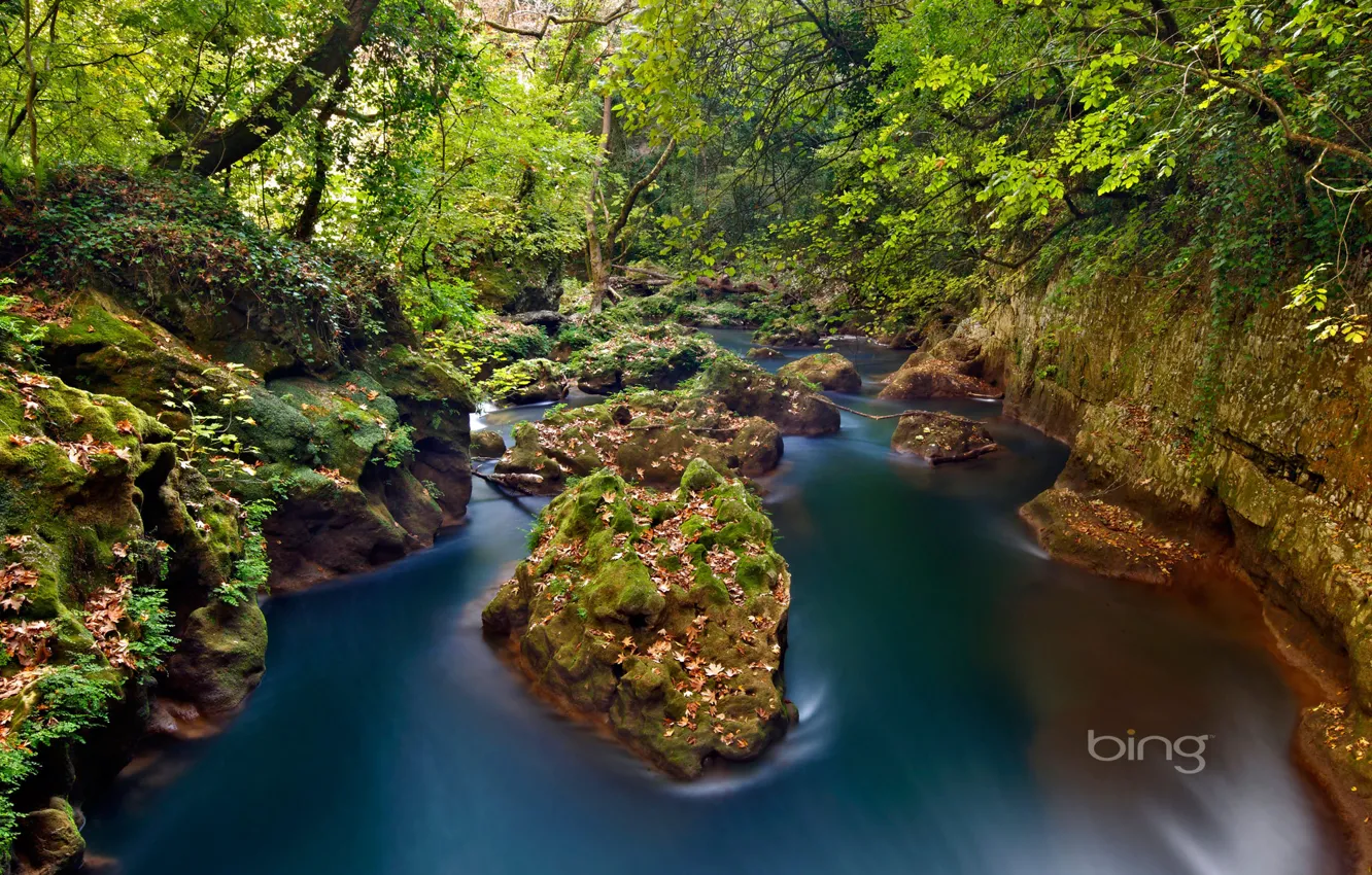 Фото обои лес, река, камни, Греция, Greece, Ioannina, Эпир, Epirus