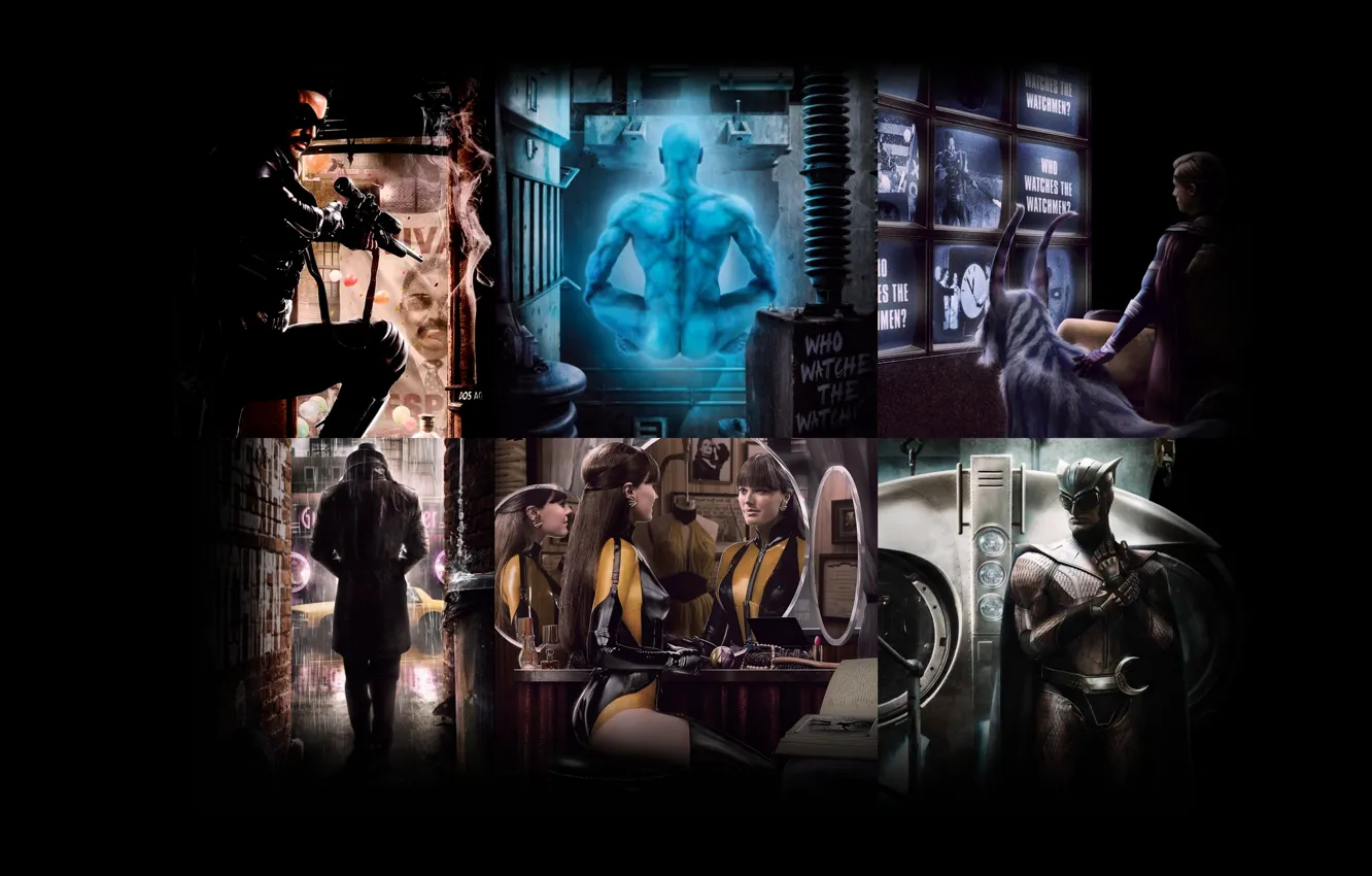 Фото обои Watchmen, Jeffrey Dean Morgan, comedian, nite owl, ozymandias, silk spectre, Rorschach, Jackie Earle Haley
