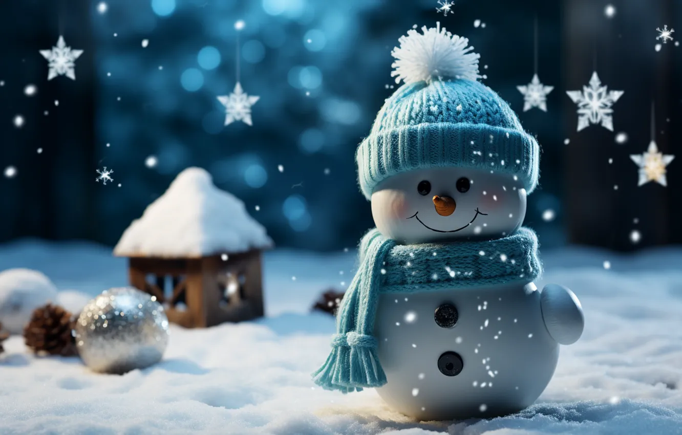 Фото обои зима, снег, новый год, Рождество, снеговик, Christmas, night, winter