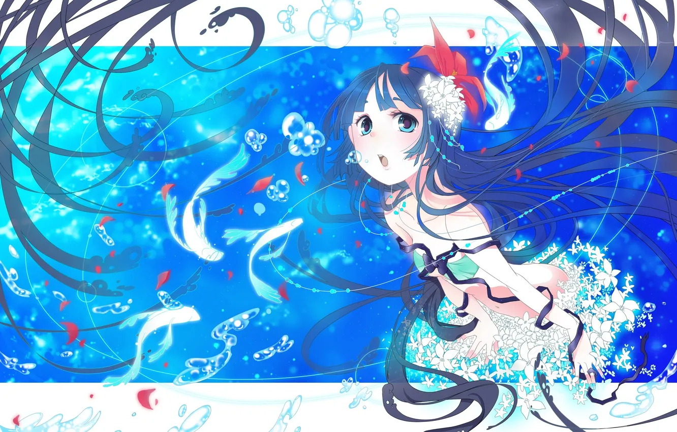 Фото обои девушка, рыбы, цветы, ленты, пузыри, аниме, арт, kiko