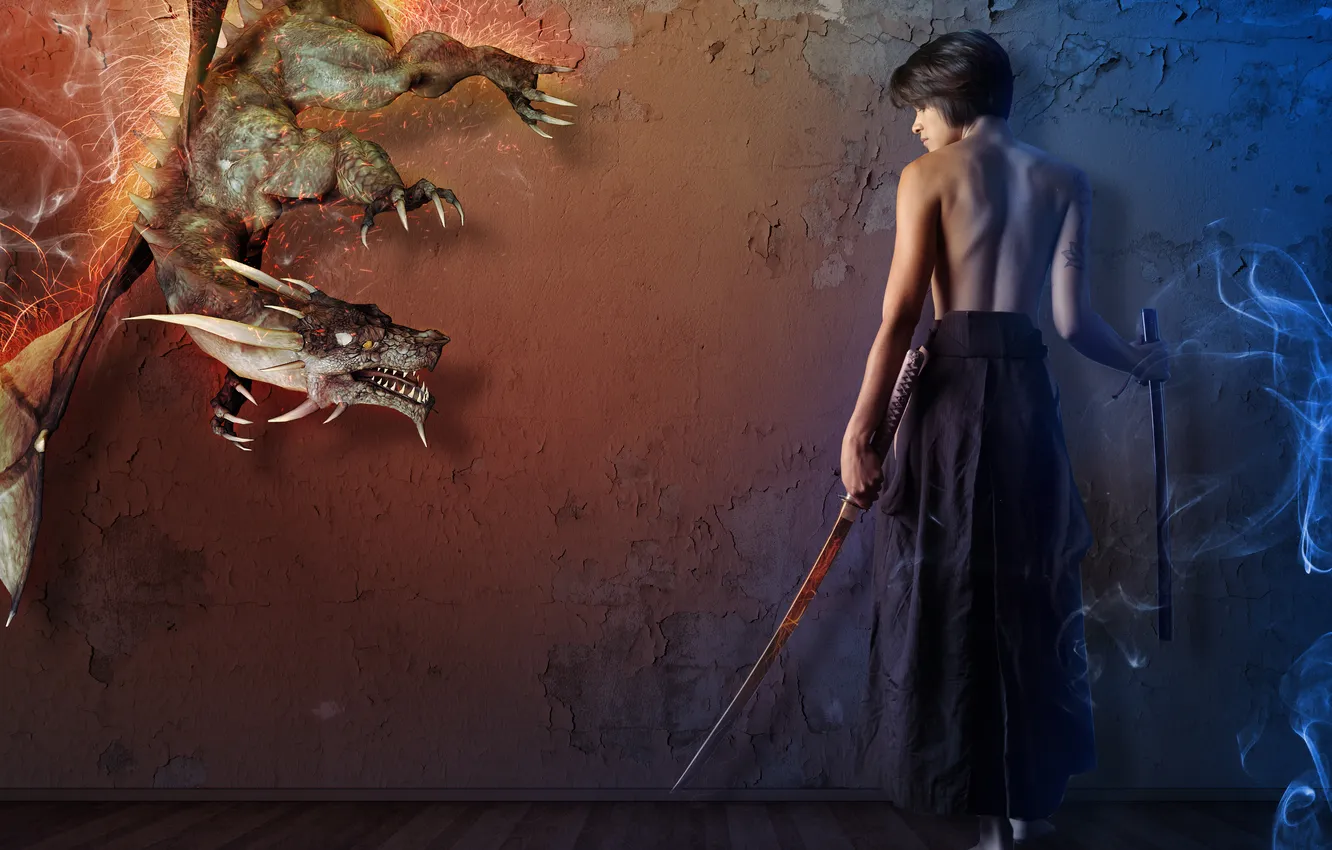 Фото обои девушка, дракон, дым, меч, искры