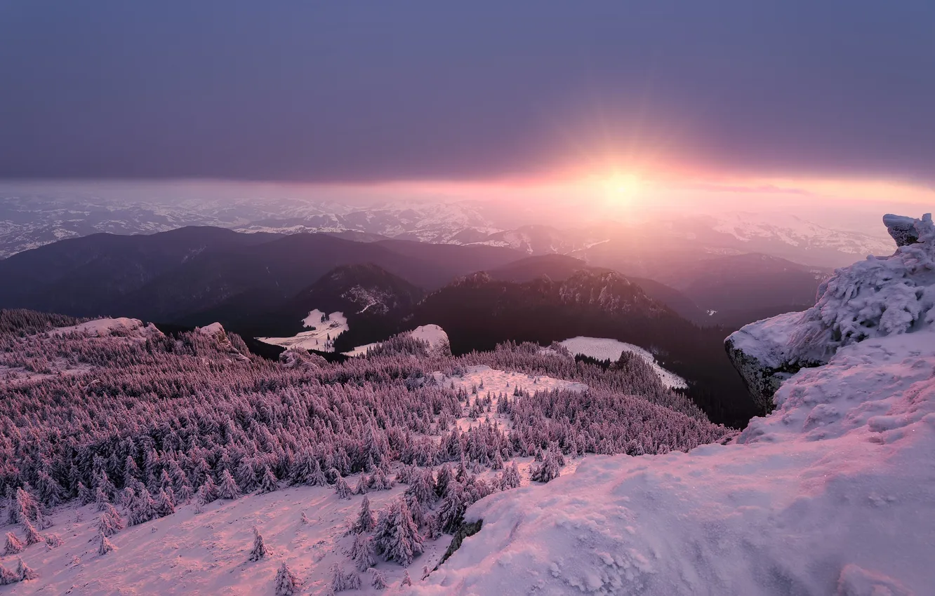 Фото обои Sunset, Romania, Piatra Sura and Hasmas mountains, Ceahlau massif, Ocolasul Mare