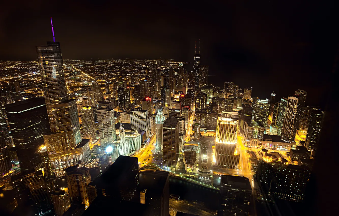 Фото обои ночь, город, здания, небоскребы, Чикаго, USA, США, Иллинойс