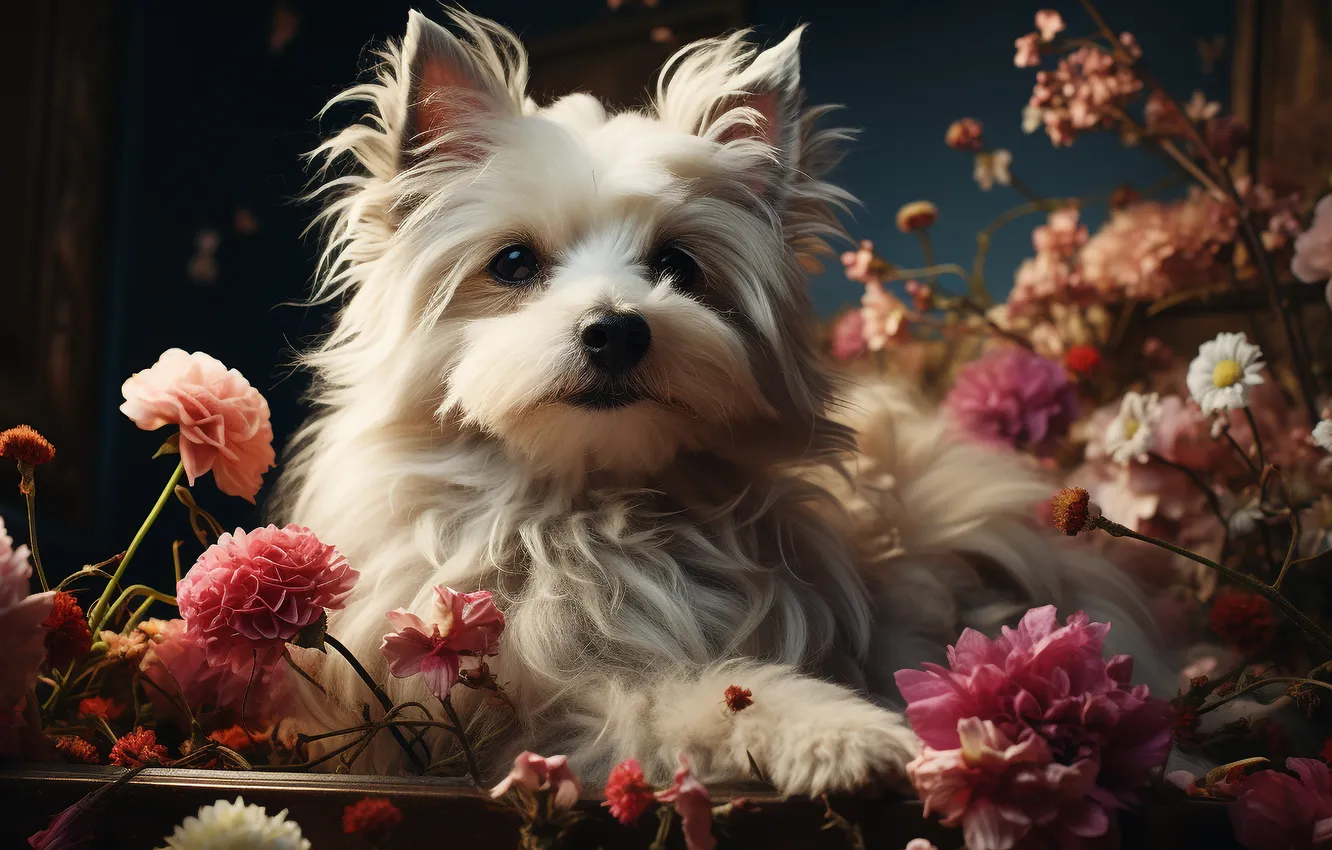 Фото обои взгляд, морда, цветы, собака, цифровое искусство, Бивер-йоркширский терьер, ИИ-арт, Искусство искусственного интеллекта