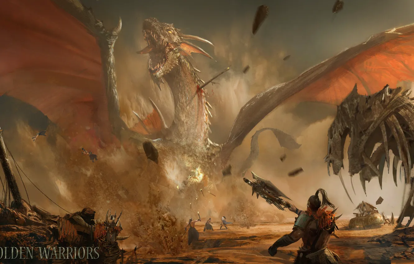Фото обои дракон, нападение, воины, Golden Warriors, Fight dragon