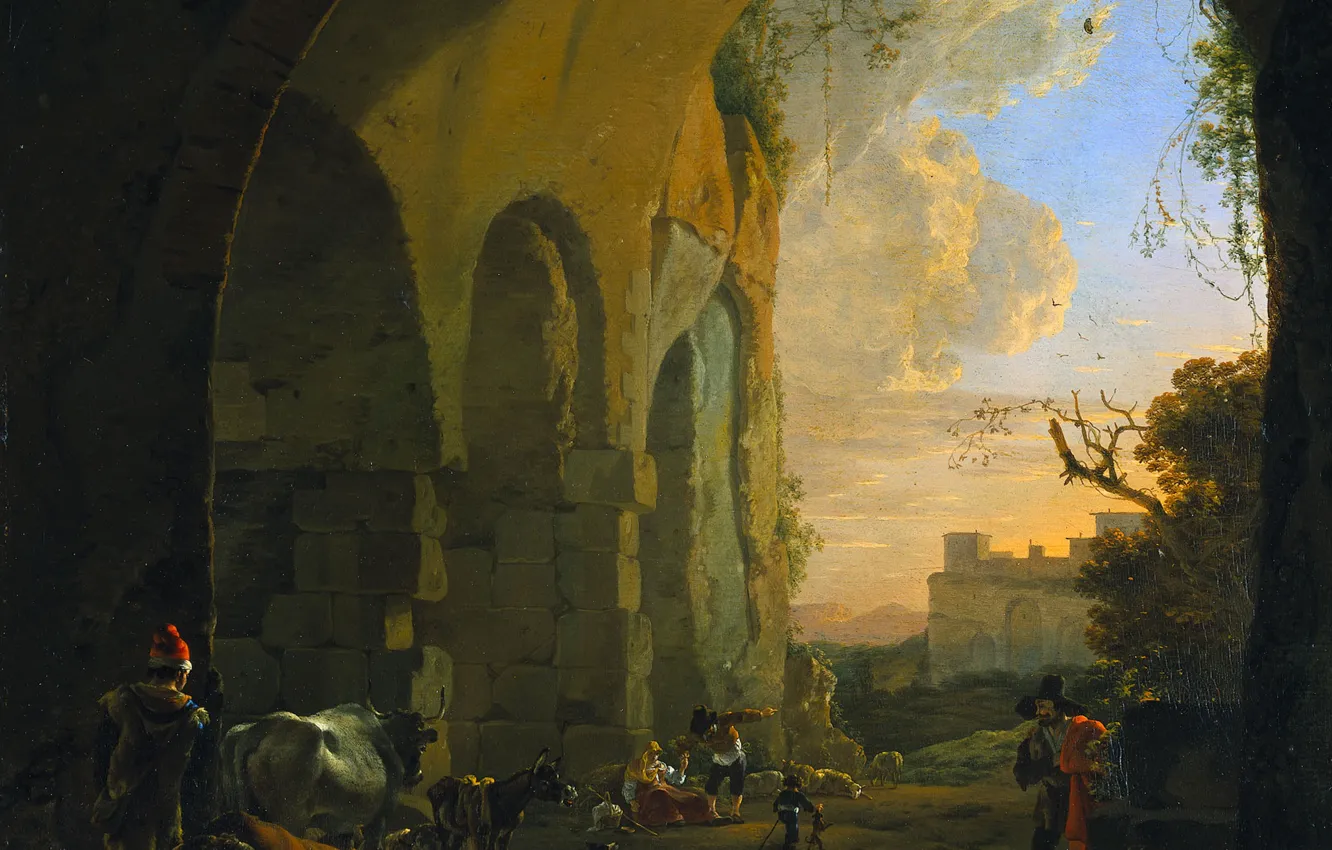 Фото обои пейзаж, масло, картина, Ян Асселин, Jan Asselijn, 1652, Пастухи со Скотом под Сводом Колизея в …