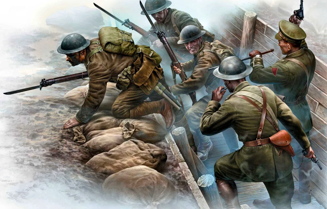 Фото обои Солдаты, Западный фронт, Первая Мировая война, Битвы в окопах, Британские экспедиционные силы