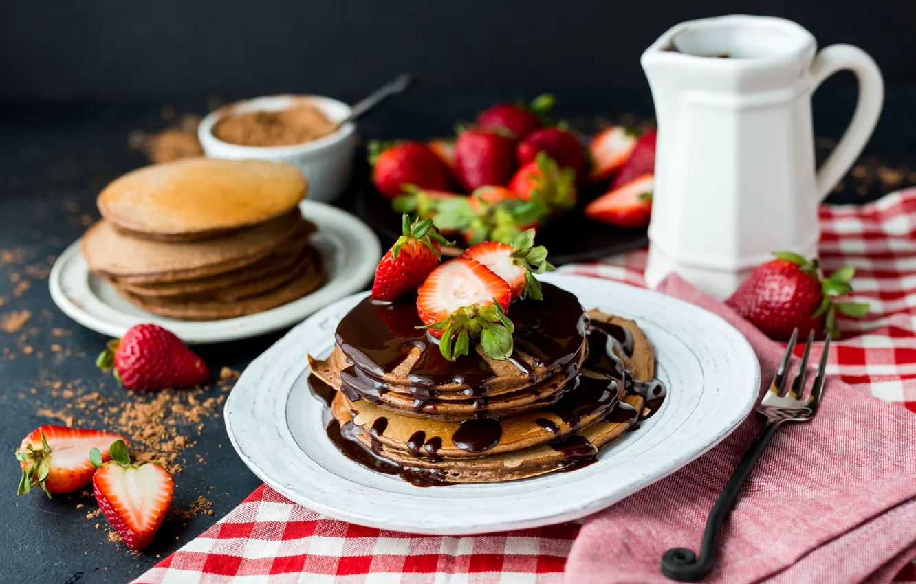 Фото обои шоколад, завтрак, клубника, chocolate, sweet, pancake