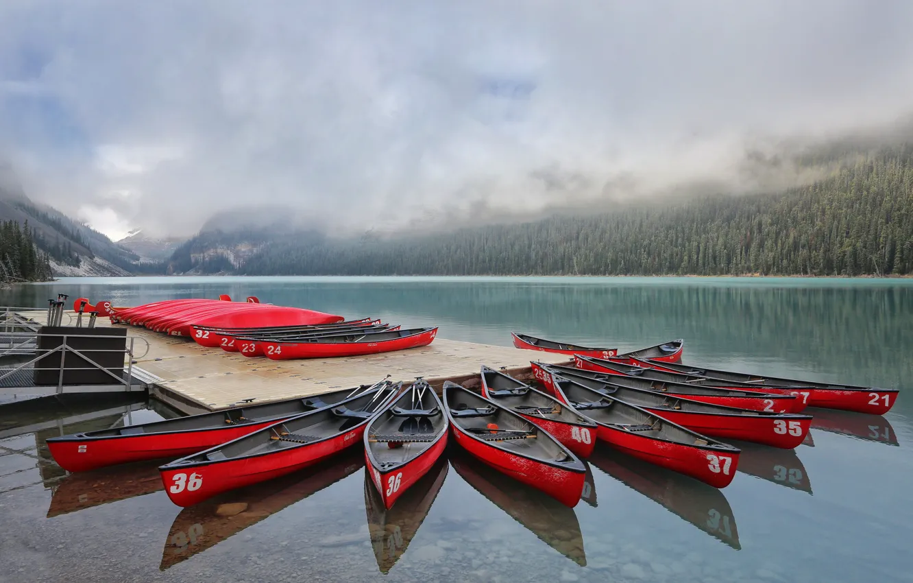 Фото обои Alberta, Lake Louise, Canada, Red Canoes
