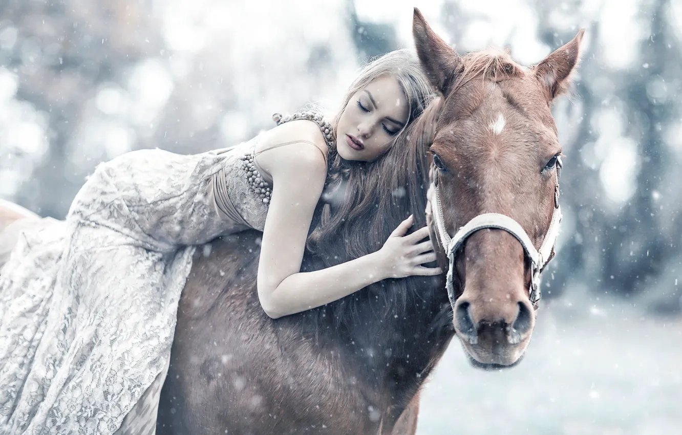 Фото обои девушка, снег, лошадь, сон, Alessandro Di Cicco, Queen Maud