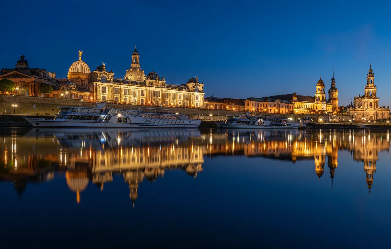 Фото обои отражение, река, здания, Германия, Дрезден, архитектура, ночной город, Germany