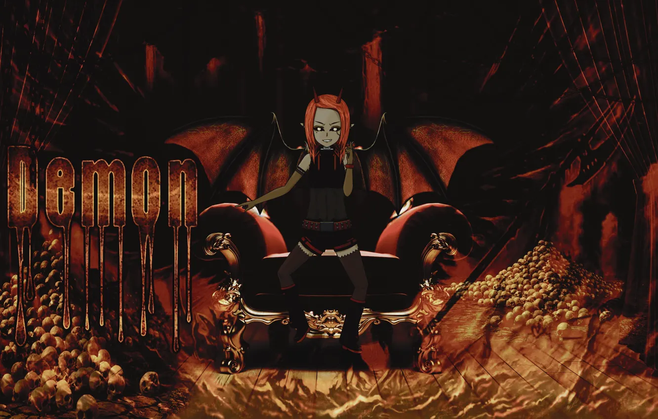 Фото обои девушки, кресло, аниме, демон, арт