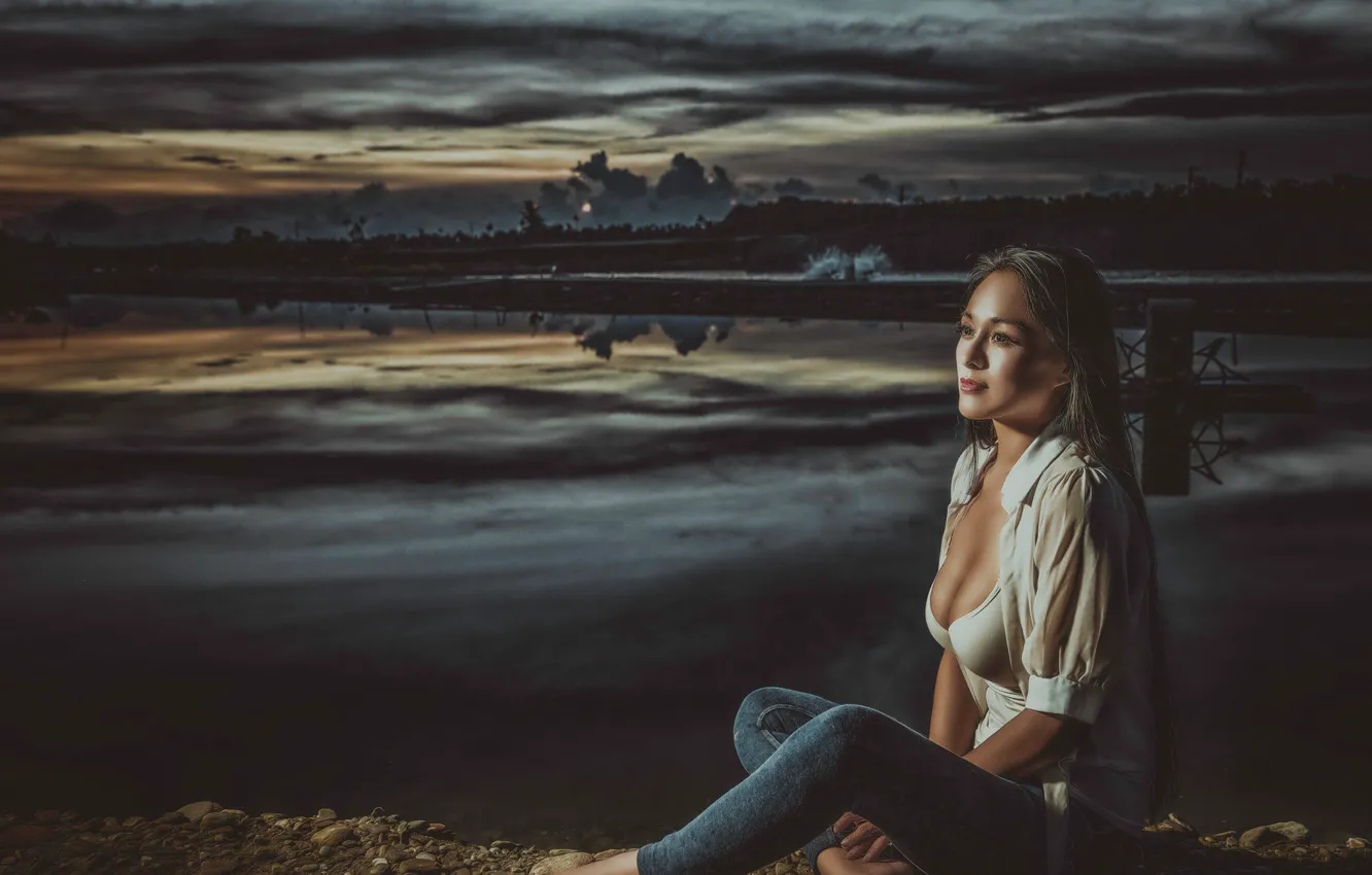 Фото обои природа, настроение, джинсы, блузка, азиатка