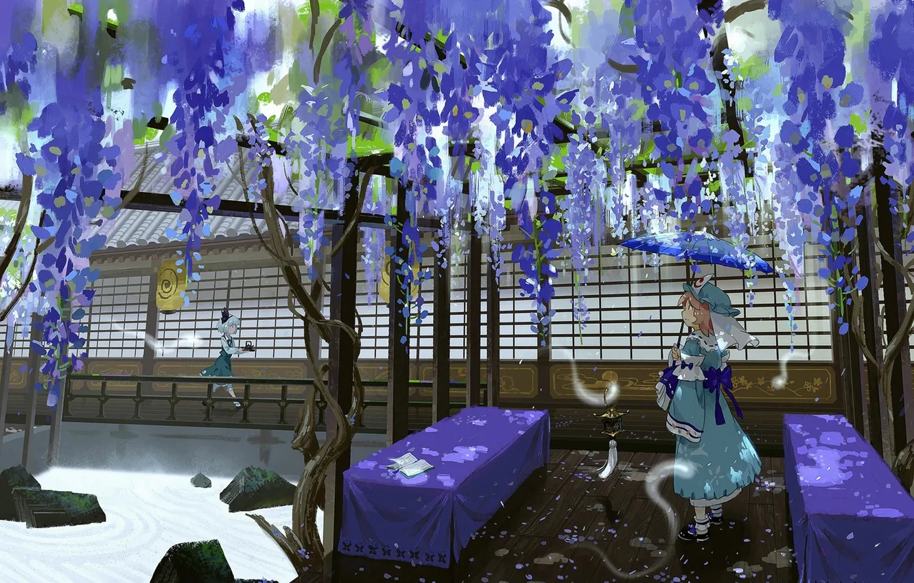 Фото обои цветы, дом, девушки, зонт, аниме, арт, touhou, konpaku youmu