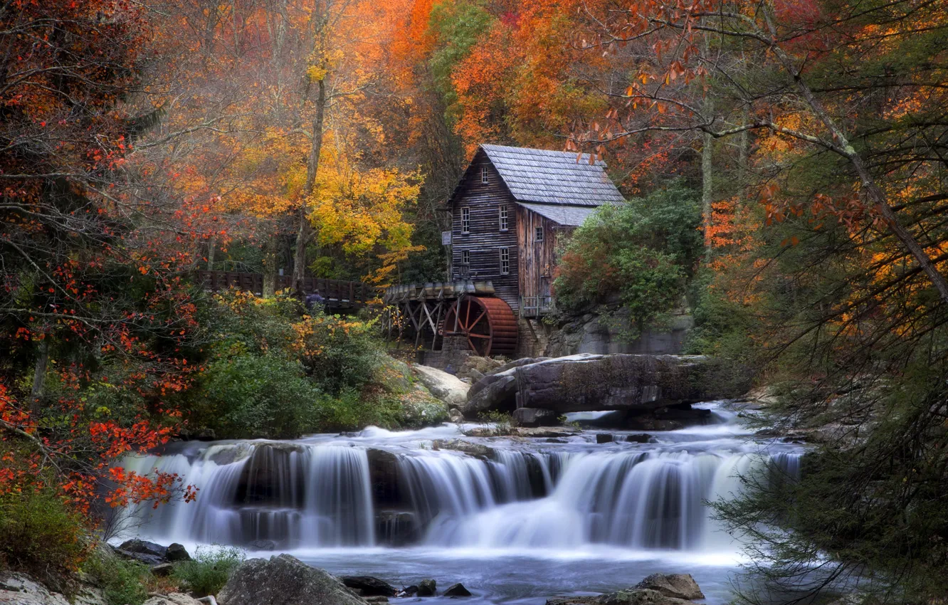 Фото обои осень, лес, дом, река, камни, листва, водопад, водяная мельница