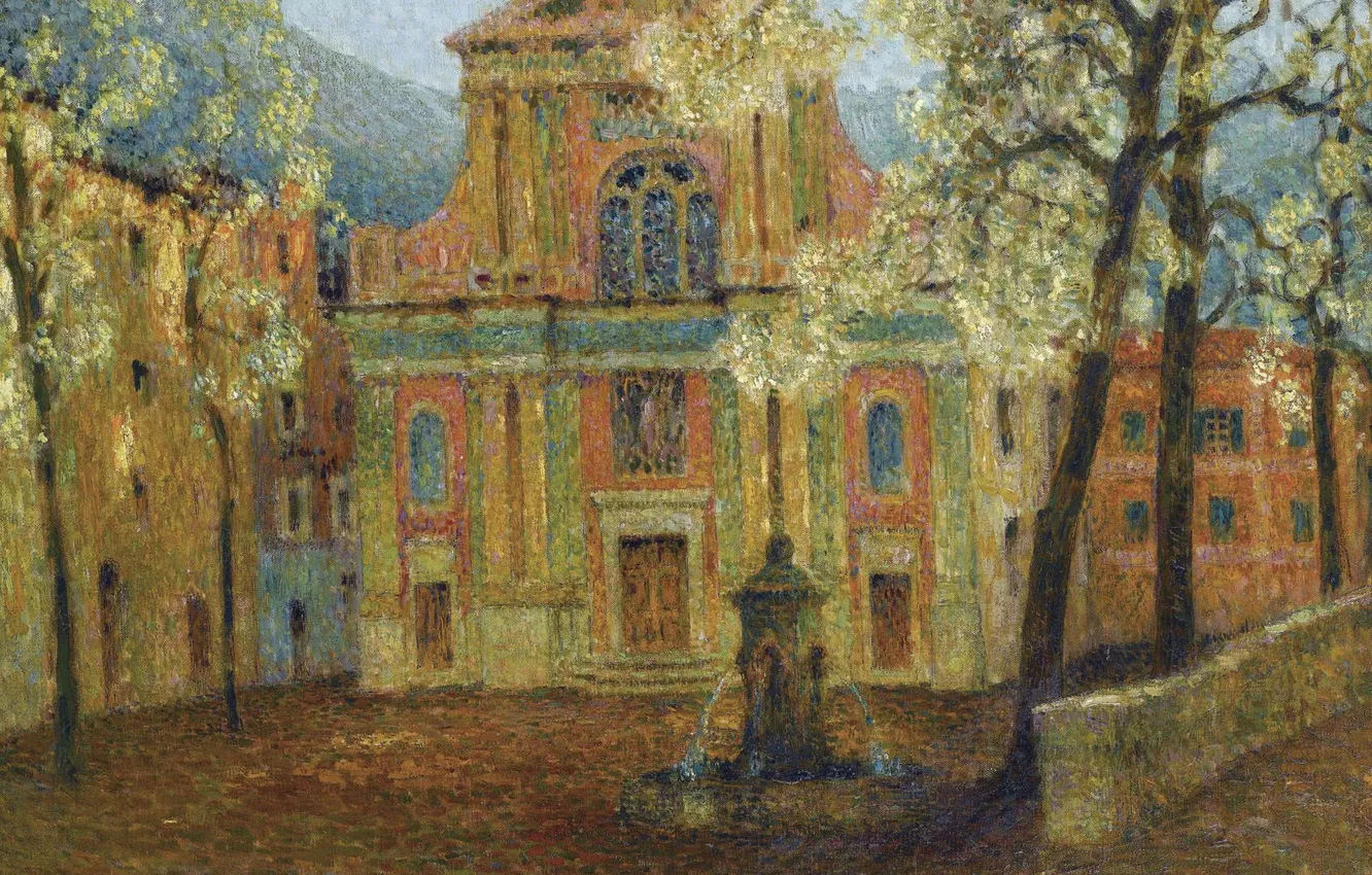 Фото обои дома, картина, фонтан, городской пейзаж, Henri Le Sedaner, Анри Ле Сиданэ, Церковь Дольчеаккуа