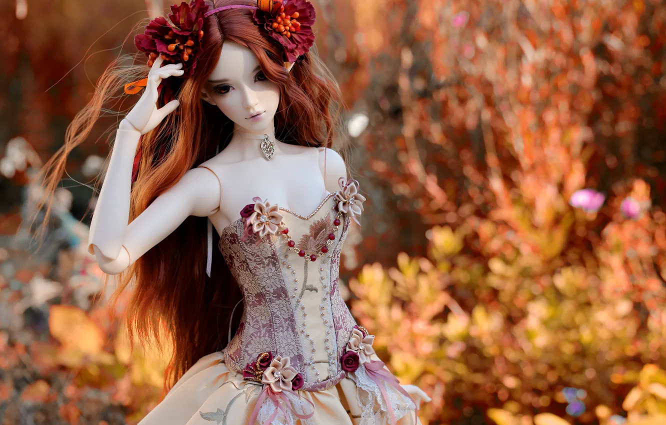 Фото обои украшения, цветы, природа, игрушка, кукла, платье