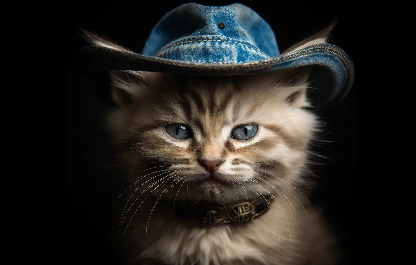 Фото обои кошка, взгляд, поза, котенок, серый, портрет, шляпа, серьезный