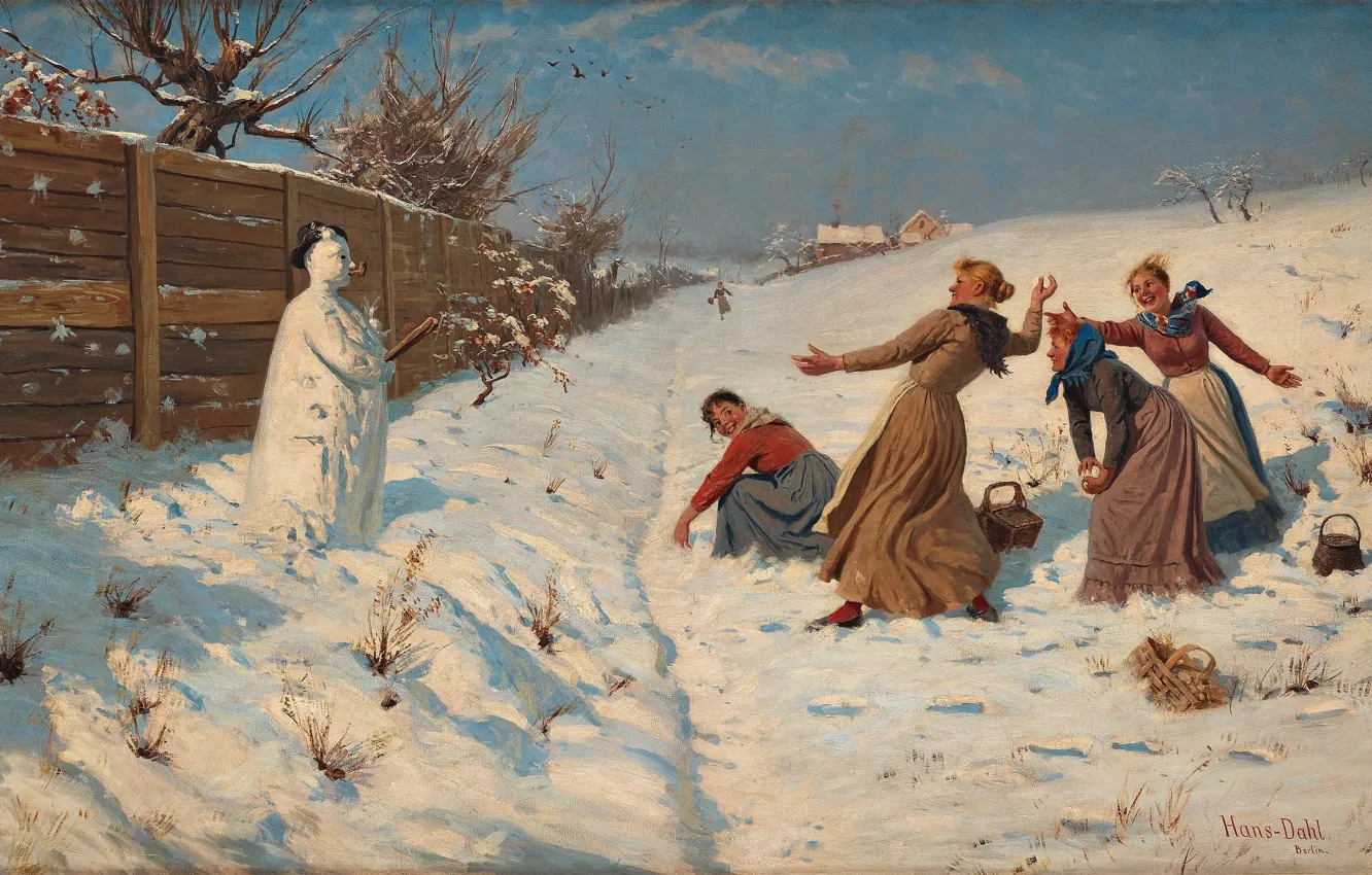 Фото обои норвежский живописец, Hans Dahl, Ханс Даль, Norwegian painter, Throwing snowballs, Бросание снежков