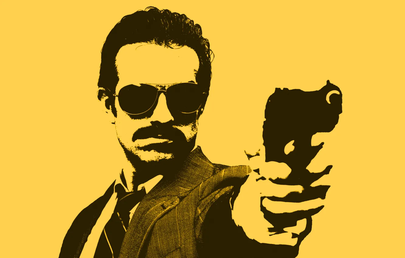 Фото обои желтый, пистолет, рисунок, Минимализм, очки, мужчина, детектив, коп