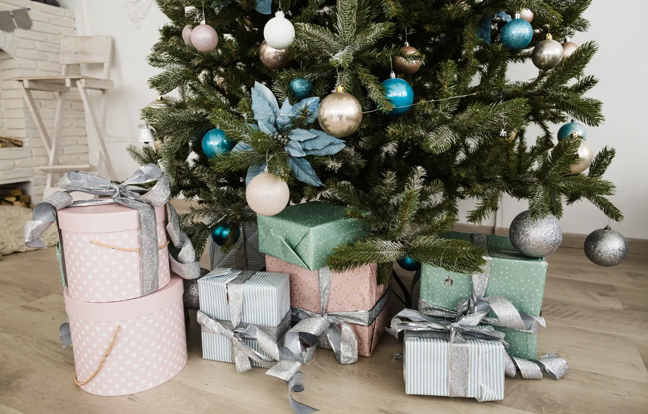 Фото обои праздник, игрушки, елка, новый год, подарки