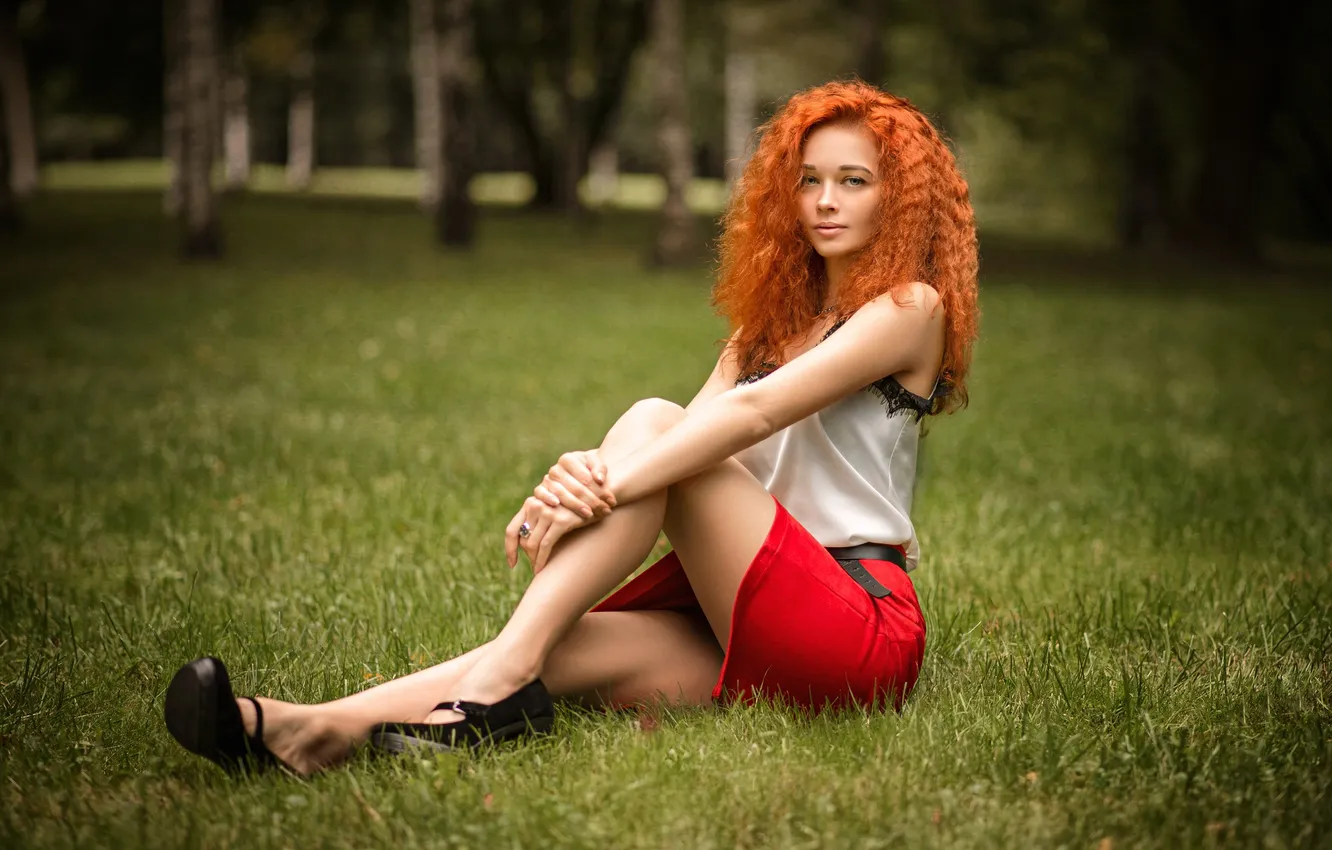 Фото обои девушка, grass, blouse, trees, model, women, redhead, sitting