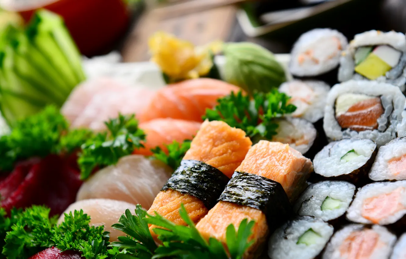 Фото обои рыба, rolls, sushi, суши, fish, роллы, японская кухня, parsley
