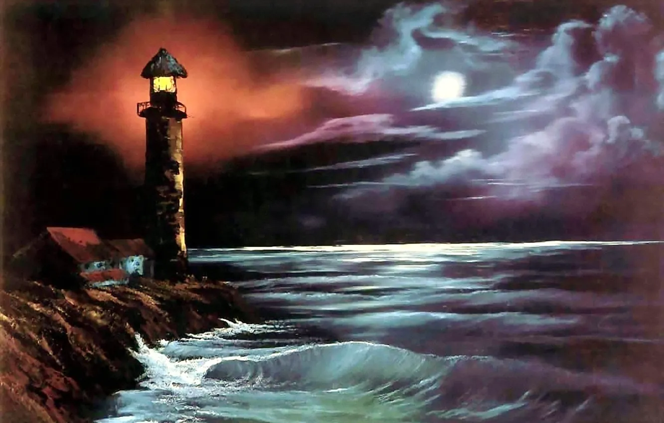 Фото обои море, вода, пейзаж, ночь, океан, луна, берег, волна