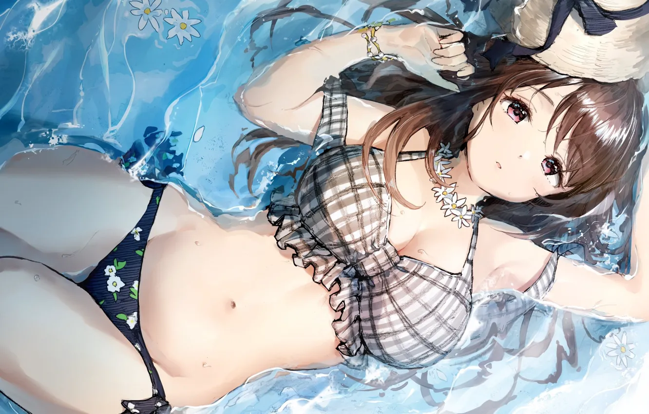 Фото обои girl, sexy, cleavage, long hair, brown hair, boobs, anime, water