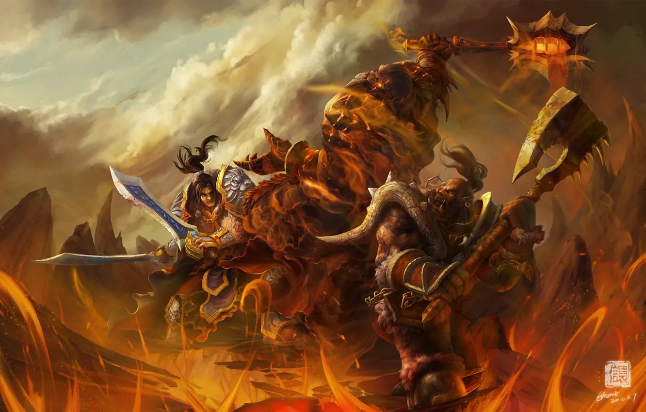 Фото обои оружие, скалы, огонь, монстр, воин, арт, лава, World of Warcraft