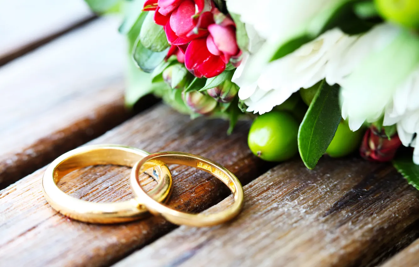 Фото обои цветы, букет, обручальные кольца