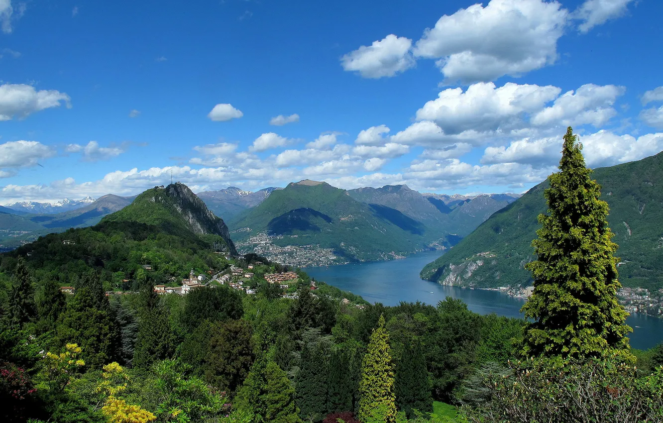Фото обои деревья, горы, парк, Швейцария, Switzerland, Lake Lugano, Ticino, Тичино