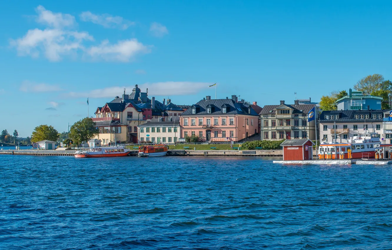 Фото обои вода, город, фото, побережье, Швеция, Stockholm, Vaxholm