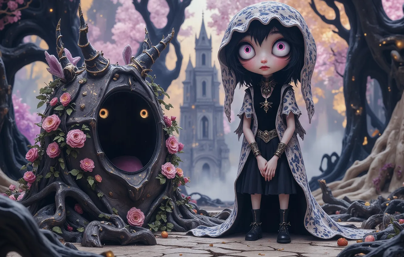 Фото обои лес, глаза, деревья, цветы, замок, розы, существо, фэнтези